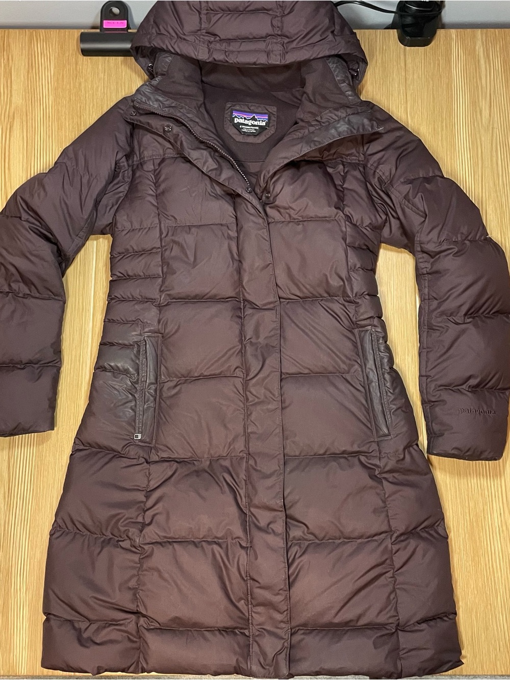 Patagonia Women's Down With It Parka Brown Size S Long Down Coat Snap Hood